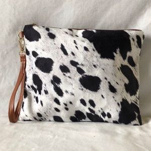 Black Cowhide Zipper Wristlet with Vegan Leather